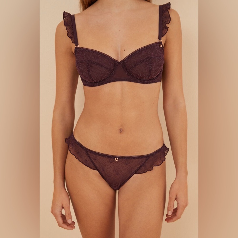 Women’s Secret La Vecina Rubia Bra and Panty Set With Ruffles Wine Red -Size 36B